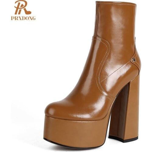 2021 High Heels Womens Boots Genuine Leather Thick Platform Ladies Ankle Boots with Zipper Female Shoes Black Brown Casual Punk
