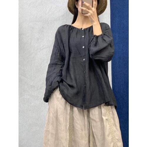 Women Loose Solid Color Simple Thin Linen Tops Blouse Shirt Female Spring Summer Shirt Ladies Blouse 2021
