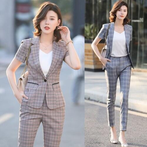 Summer Formal Ladies Pant Suits for Women Business Suits Plaid Blazer and Jacket Sets Work Wear Short Sleeve