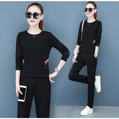 DHfinery 2 piece set women long sleeve Sweatershirt and trousers black white red casual clothes women plus size M-4XL bs1940