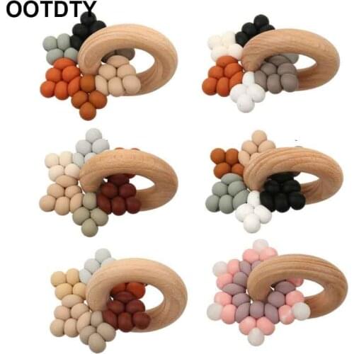 1PC Baby Silicone Teether Gym Play Beech Wood Ring Teething Bracelet Pendant Silicone Beads Montessori Baby Products Toys