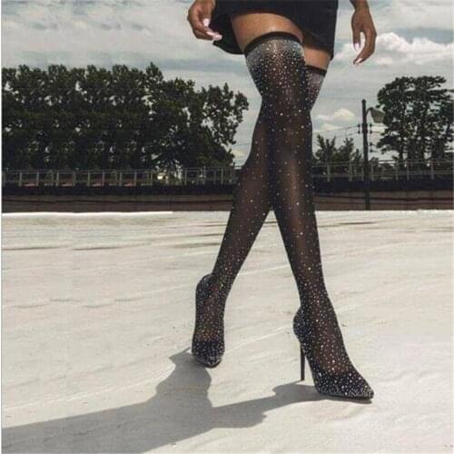 2021 Fashion Runway Crystal Stretch Fabric Sock Boots Pointy Toe Over-the-Knee Heel Thigh High Pointed Toe Woman Boot