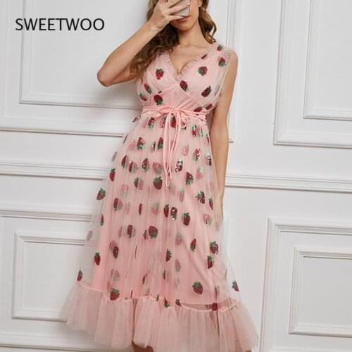 2021 Strawberry Dress Women Fashion Deep V Puff Sleeve Sweet Voile Mesh Sequins Embroidery French Party Dresses