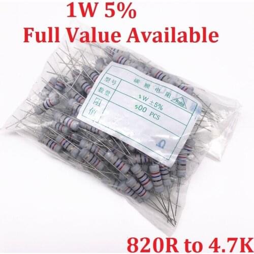 500PCS 1W Oxide Carbom Metal film Resistor 820R/910R/1K/1.2K/1.5K/1.8K/2K/2.2K/2.4K/2.7K/3K/3.3K/3.6K/3.9K/4.3K/4.7K/Ohm 5