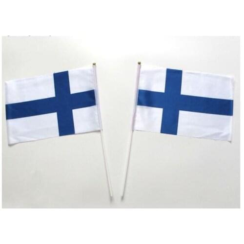 Free shipping World National Flag 14 * 21cm finland hand wave flags 100pcs / bag with plastic flagpole Polyester