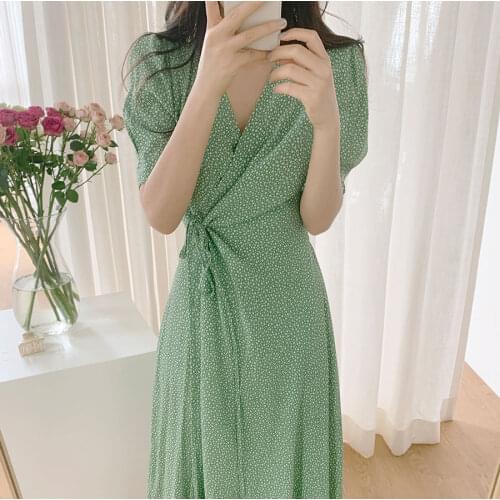 One-piece Printed Women Long Dress Summer Short Sleeve V-neck Belted Midi Dresses Korean Elegant Vintage Ladies Vestidos 2021