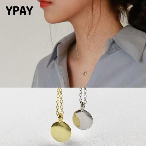 YPAY Solid 925 Sterling Silver Necklace Personality Creativity Minimalist Geometry Small Round Coin Women Chain Jewelry YMN096