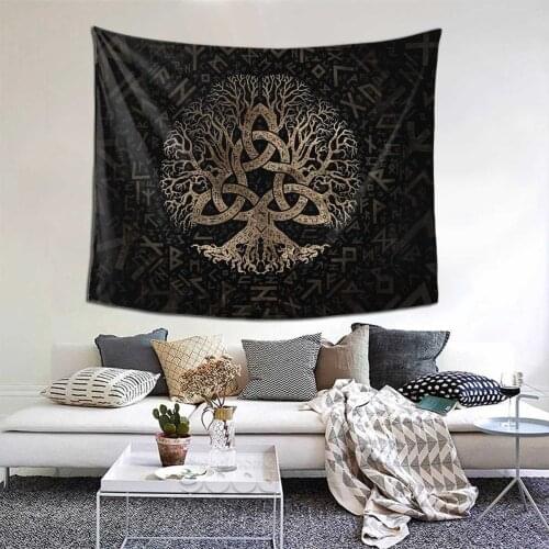 Tree Of Life With Triquetra On Futhark Viking Tapestry Wall Hanging Table Cloth Vikings Valhalla Wall Cloth Polyester Beach Mat