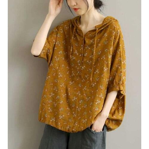 Womens T Shirt Hooded T Shirt Summer Plus Size Short Sleeve Hoodies Covering Belly Retro Cotton Linen Loose Floral Wild T-shirt