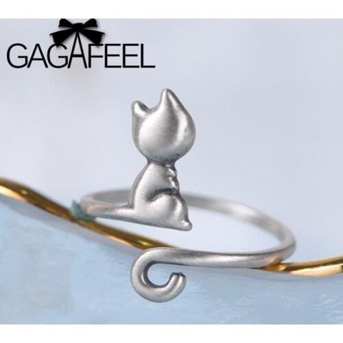GAGAFEEL S925 Silver Ring Literary Fashion Ins Kitten Ring Long Tail Female Engagement Open Couple cute Rings Jewelry
