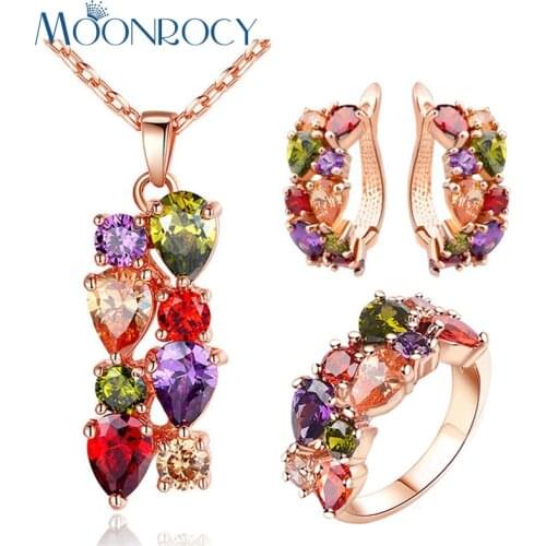 MOONROCY Free Shipping Fashion Jewelry Rose Gold Color Colourful CZ Crystal Necklace Earrings and Ring Jewelry Set for Women