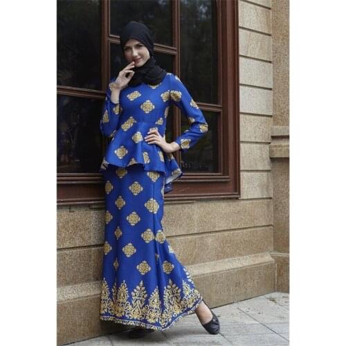 Newly Islamic Woman Fashion Clothing Set Long Sleeve Ruffle Top Elegant Muslim Malaysia Arab Print Ramadan Abaya Outfits