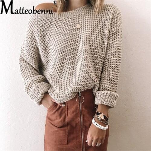 2021 Autumn and Winter Knit One-shoulder Sweater Solid Color Elegant Womens Long-Sleeved Sweater Loose Casual Ladies All-Match