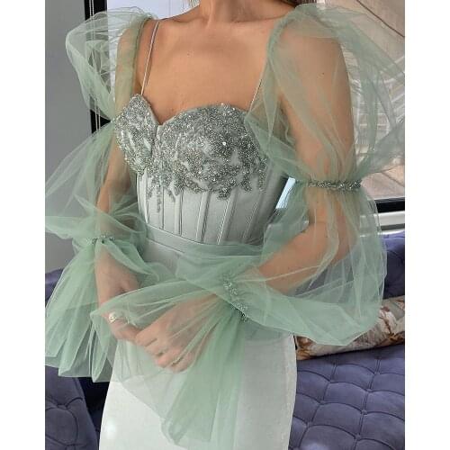 Booma Fairy Mint Green Prom Dresses Sheer Long Sleeves Sweetheart Boning Sheath Evening Dresses Beaded Tea-Length Formal Gowns