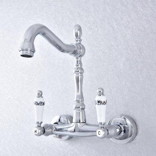 Polished Chrome Brass Wall Mounted Kitchen Bathroom Sink Basin Faucet Dual Handle Swivel Spout Hot Cold Water Tap Lsf773