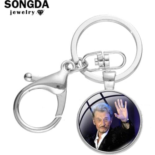 SONGDA Classic Rock Superstar Johnny Hallyday Fans Keychain 3D Print Glass Round Pendant Lobster Buckle Key Chain Ring Wholesale