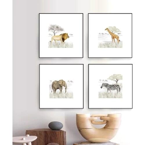 Modern Elephant Giraffe Lion Zebra Poster Wild Animal Prints Wall Art Canvas Painting for Kids' Room Home Decoration Pictures