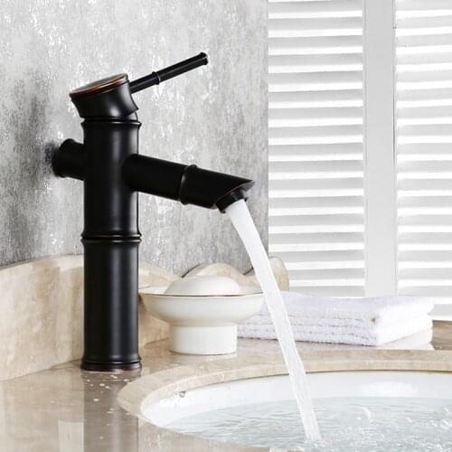 Vidric Black Bronze Brass Waterfall Bathroom Sink Faucet Vessel Tall Bamboo Water Tap Retro Single Hole Taps Basin Faucets Mixer
