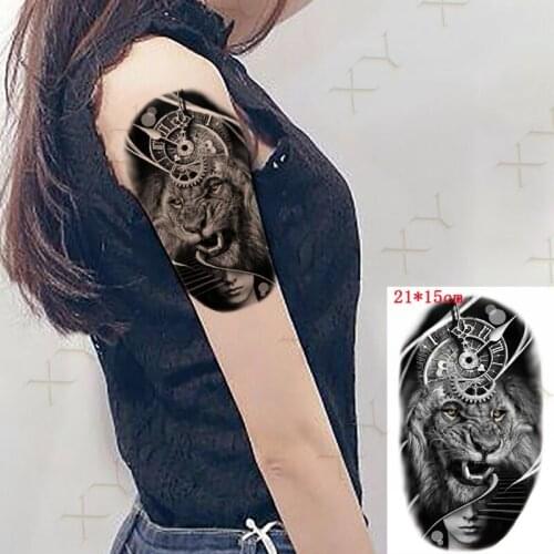 Waterproof Temporary Tattoo Sticker Lion Clock Gear Flash Tattos Tiger Peony Leaf Animal Body Art Arm Fake Tatoo Women Men