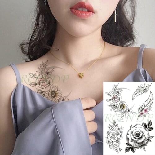 Waterproof Temporary Tattoo Sticker Feather Rose Flower Peony Fake Tatto Flash Tatoo Hand Leg Arm Body Art for Women Men