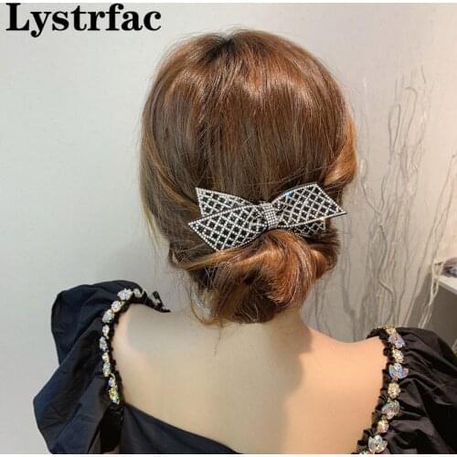Lystrfac Black Bow Design Bling Rhinestone Hairpin for Women Girls Fashion Vintage Female Side Spring Hairclip Ladies Headwear