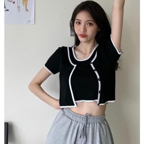 2020 Fake Two Pieces T-shirt Womens Casual O Neck Kintted Crop Tops Fashion Short Sleeve Wild T Shirt
