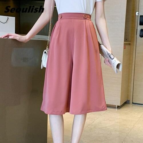 Seoulish 2021 New Summer Chiffon High Waist Womens Shorts Casual Loose Office Lady Knee Length Straight Pants Female Pocket