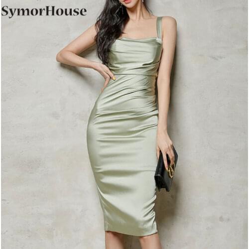 Elegant Green Formal Party Dress Silk Satin Spaghetti Strap Square Collar sleeveless Bodycon Long Midi pencil Dresses Club 2021