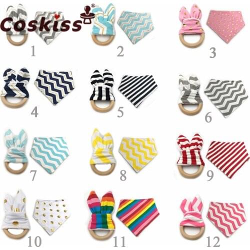 12set(24pc)Toddler Scarf Bib Bunny Ears Teether Toy Montessori Infant Teether Gift With Organic Natural Wooden Ring Baby Teether