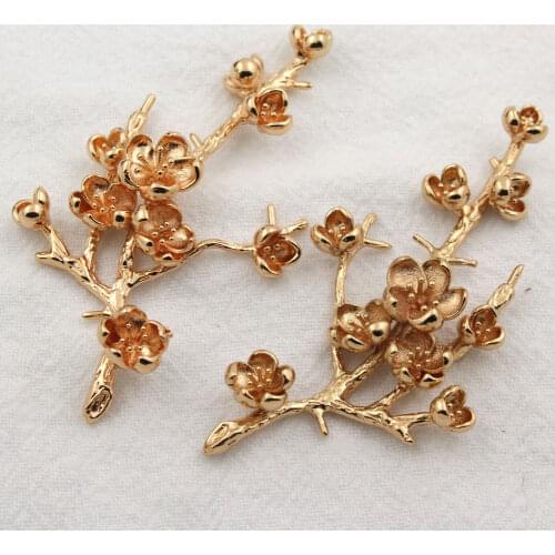 10pcs Brass Casted Winter Flower Leaf Branch Half Hole Pearls Base Blanks Oriental Charms Mori Girl DIY Hair Jewelry Accessories