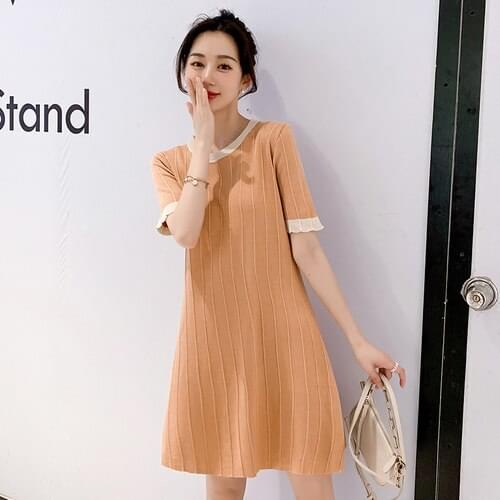 97278# Maternity Dress Summer Cotton O Neck Short Sleeves Loose Midi Dress Plus Size Pregnancy Dress Pregnant Women Mom Dress