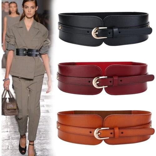 Women Black Wide Belt Elastic Gold Pin Buckle Leather Belts For Female Lady Dress Coat Waist Corset Strap Cummerbund