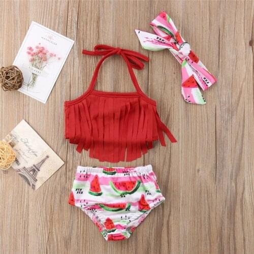 Toddler Kid Baby Girls Tassel Bikini Set Fruit Swimwear Swimsuit Bathing Suit Watermelon tassel bathing suit - red