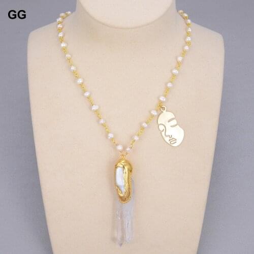 GG Jewelry Natural Cultured White Pearl Rosary Chain Necklace White Quartzs Biwa Pearl Pendant 19" For Women