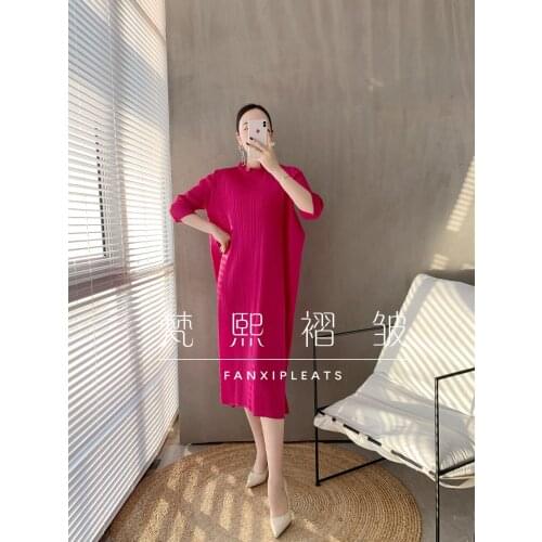 HOT SELLING Miyake Fashion wrist half sleeve fold dress button Ruffle loose dress IN STOCK
