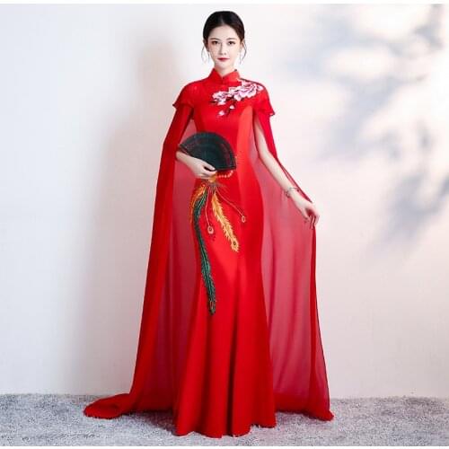 Red Embroidery Phoenix Chinese Evening Dress Long Cheongsam Qipao Elegant Mermaid Oriental Style Party Gown With Shawl Chipao