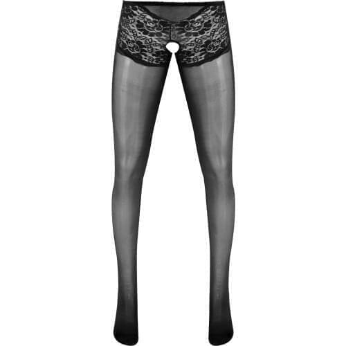 Mens Gay Male Lace Patchwork Crotchless Pantyhose Underwear Glossy Thin Footed Tights Stockings Exotic Sissy Nightwear