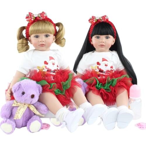 60cm Soft Silicone Reborn Toddler Baby Doll Toys For Girl 24 Inch Black Long Hair Princess Bebe Kids Birthday Gift Play House