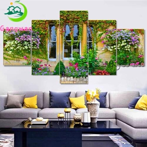 5 panel diamond painting kit window scenery Full Square Round Diamond Embroidery flower garden Wall Pictures Living Room Decor