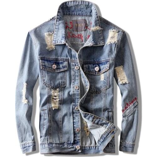 New 2019 Autumn Style Fashion Patch Denim Jacket Streetwear Hole Patchwork Jean Jacket Men Denim Jackets