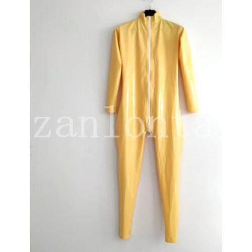 New hot design sexy lingerie men male handmade yellow zentain catsuits club jumpsuit cekc bodysuit with white 3-way front zipper