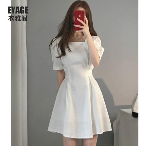 Dresses Minimalist Fashion Retro Mini White Puff Short Sleeve Cotton and Linen Dress Square Neck Pink Slim A Line Vestido Korea