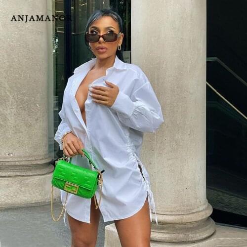 ANJAMANOR Sexy White Long Sleeve Dresses for Women Fall 2021 Casual Loose Drawstring Hollow Out Button Up Shirt Dress D26-CG28