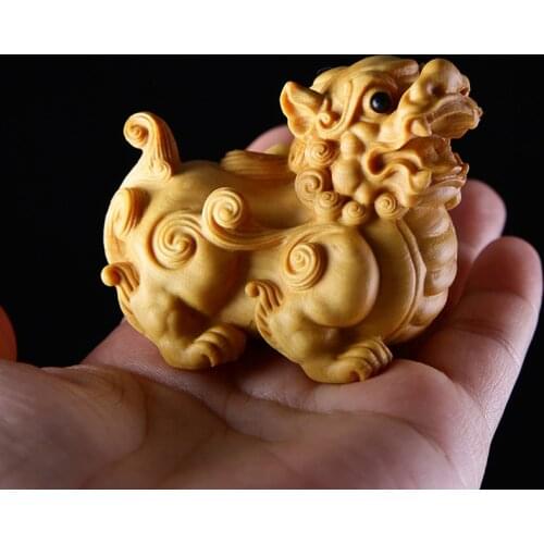 Boxwood 5CM Pixiu Sculpture Chinese Mythical Beast Lucky Myth Animal Wood Statue Auspicious Home Decor