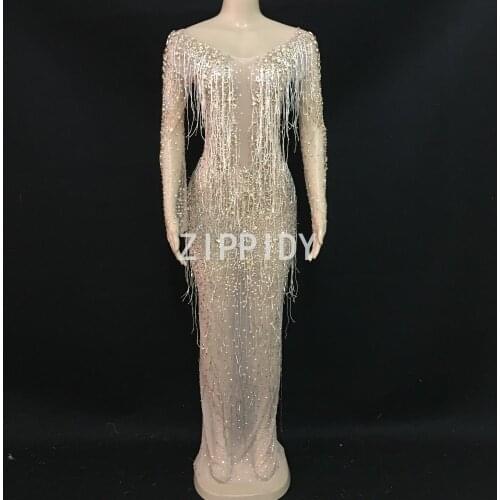 Sexy Flashing Gold Rhinestones Tassel See Through Mesh Dress Womens Birthday Celebrate Dress Costume Nightclub Dance Outfit