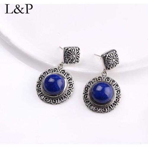 L&P Fine Jewelry Drop Earrings Retro Vintage Natural Nepal Lapis Women Silver Bohemian Handmade Pierced Dangle Earrings Brincos
