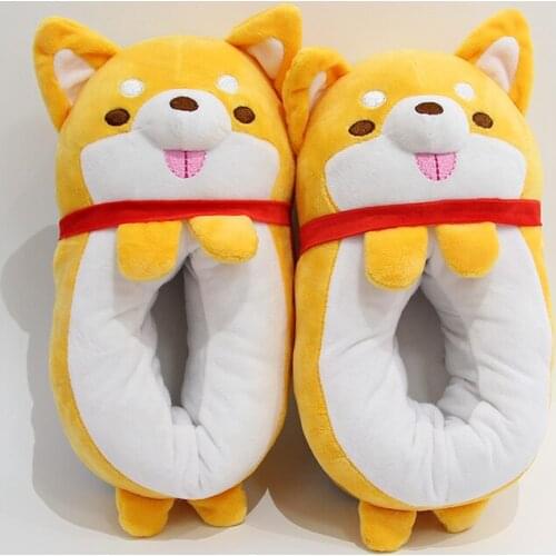 Cartoon Shiba Inu Dog Animal Plush Slippers Indoor Women Men Winter Warm Flat Flip Flop Soft Cotton Home Couple Shoes