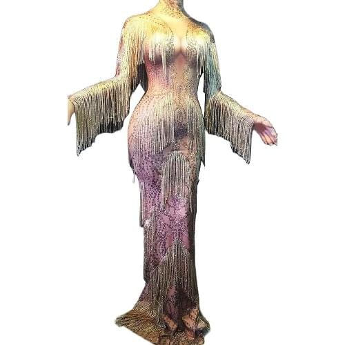 Sparkling Rhinestones Long Sleeve Tassel Women Dress Floor-Length Birthday Celebrate Party Costumes Nightclub Bar Stage Wear