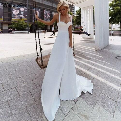 Magic Awn Simple Satin Boho Wedding Dresses Bow Spaghetti A-Line Beach Bride Dress For Women Customized Cheap Vestidos De Novia