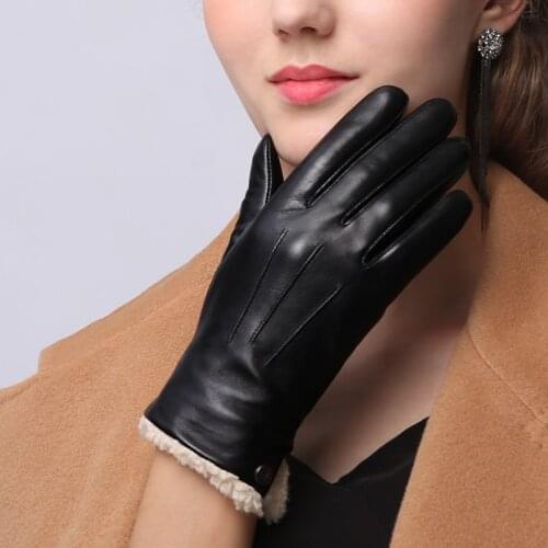 High Quality Genuien Leather Womens Gloves Autumn Winter Thermal Plus Velvet Fashion Simple Sheepskin Gloves Female NW181-1